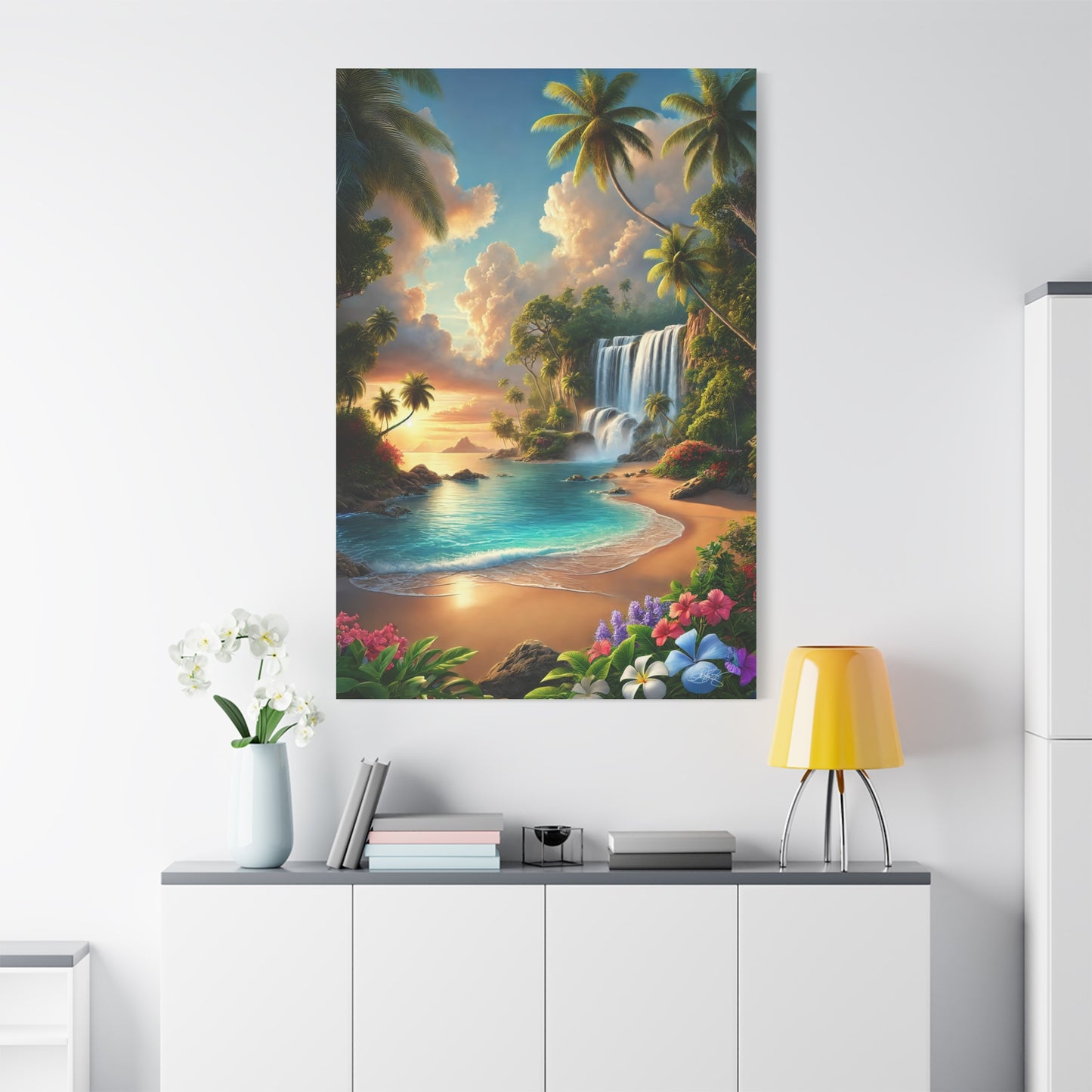 Tropical Paradise Wall Art - Matte Canvas Print with Waterfall & Beach Scene - My Own Little Paradise Corner