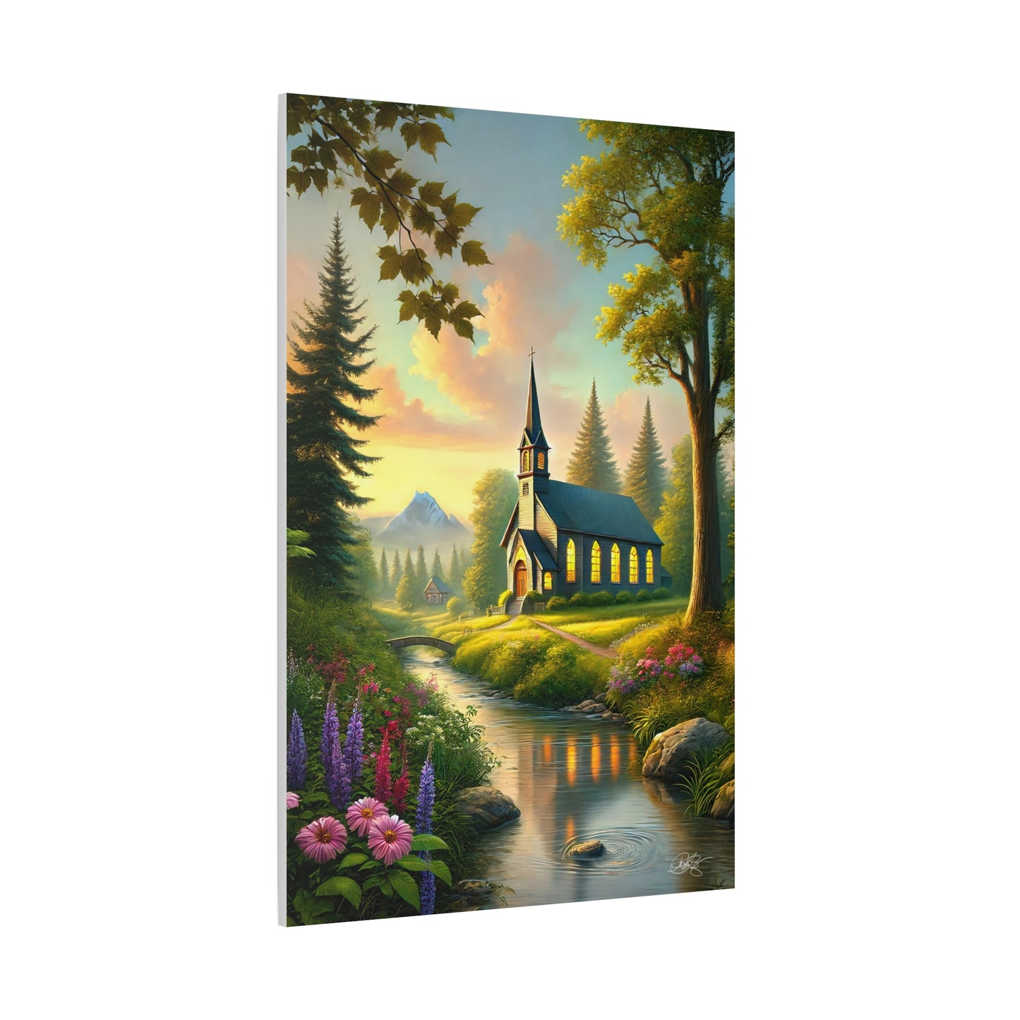 Serene Church Landscape Canvas Art - Tranquil Nature Wall Decor - Sanctuary by the Stream
