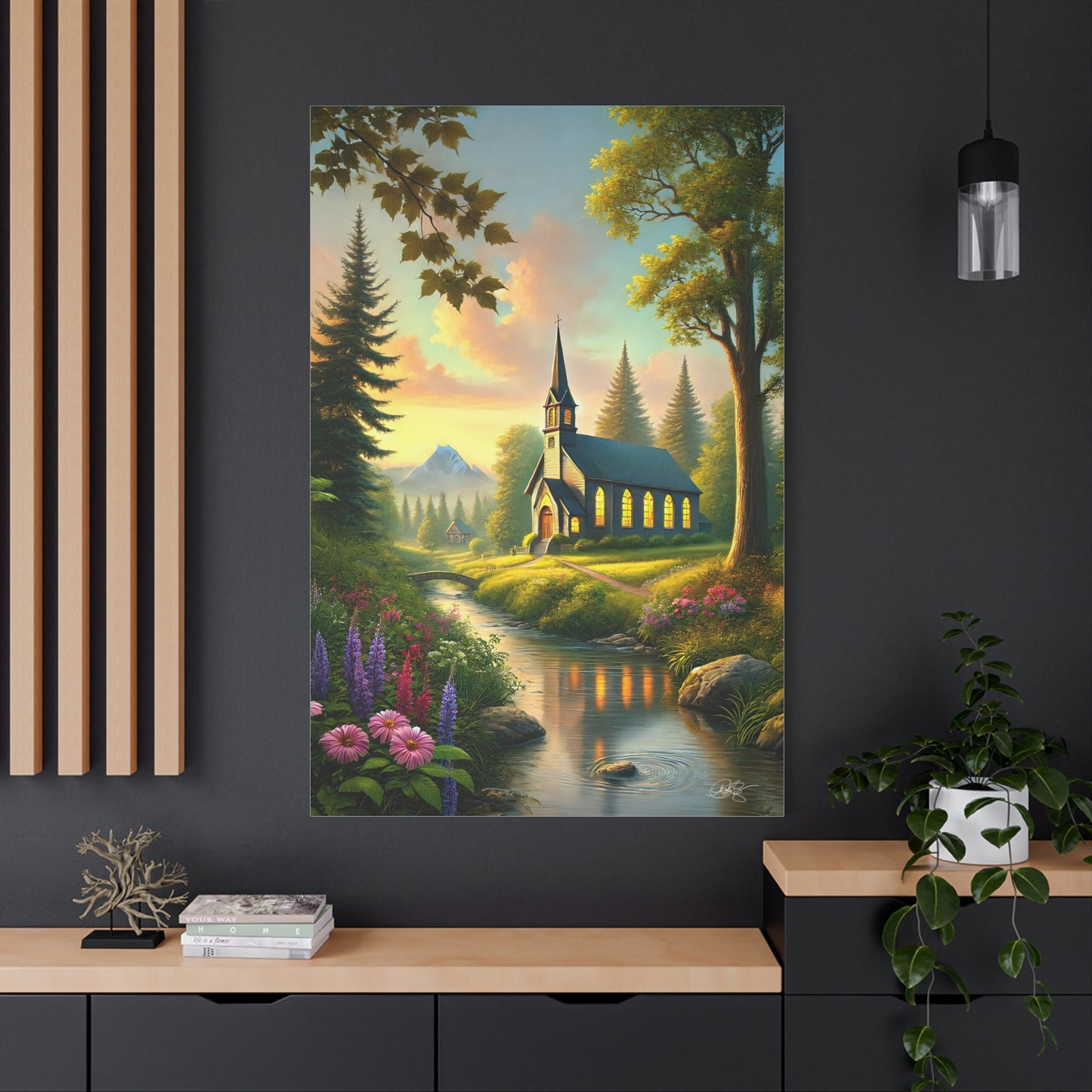 Serene Church Landscape Canvas Art - Tranquil Nature Wall Decor - Sanctuary by the Stream