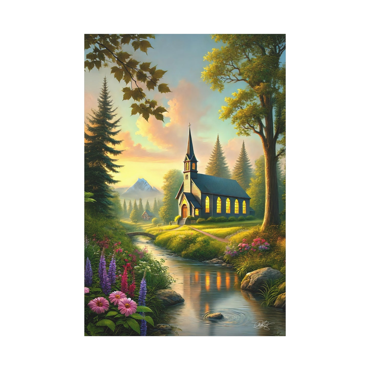 Serene Church Landscape Canvas Art - Tranquil Nature Wall Decor - Sanctuary by the Stream