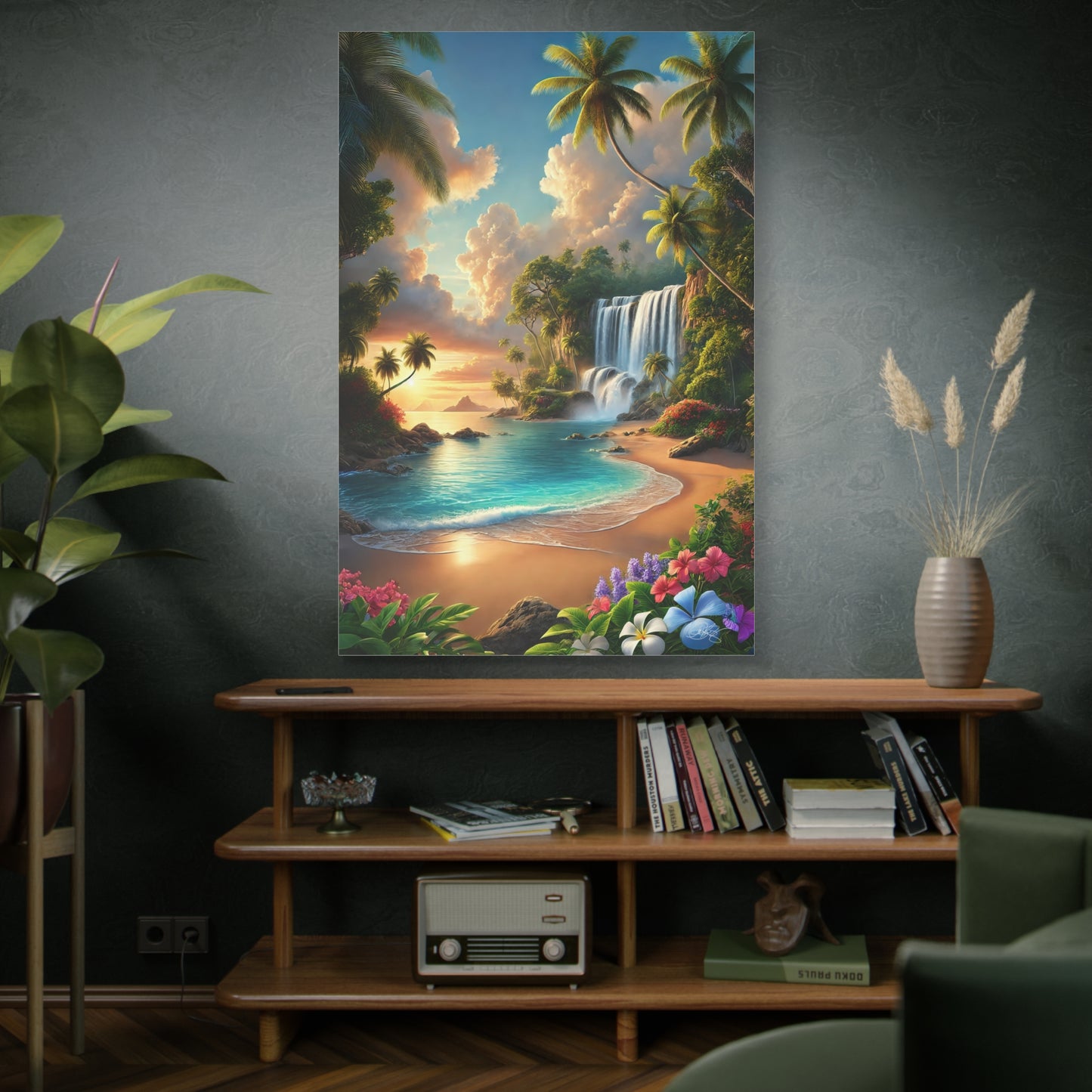 Tropical Paradise Wall Art - Matte Canvas Print with Waterfall & Beach Scene - My Own Little Paradise Corner