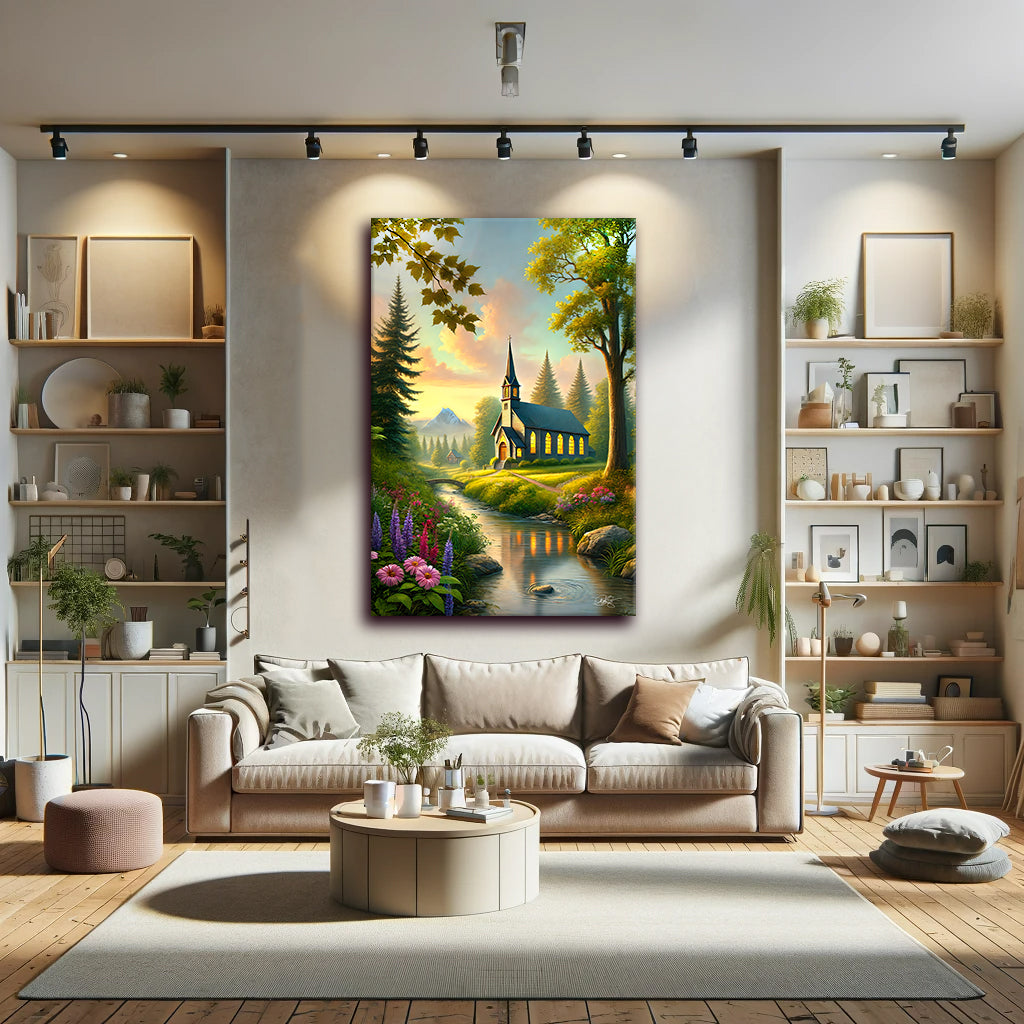 Serene Church Landscape Canvas Art - Tranquil Nature Wall Decor - Sanctuary by the Stream