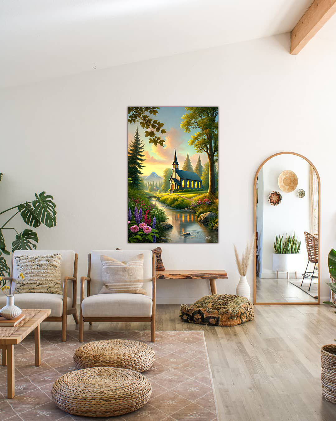 Serene Church Landscape Canvas Art - Tranquil Nature Wall Decor - Sanctuary by the Stream