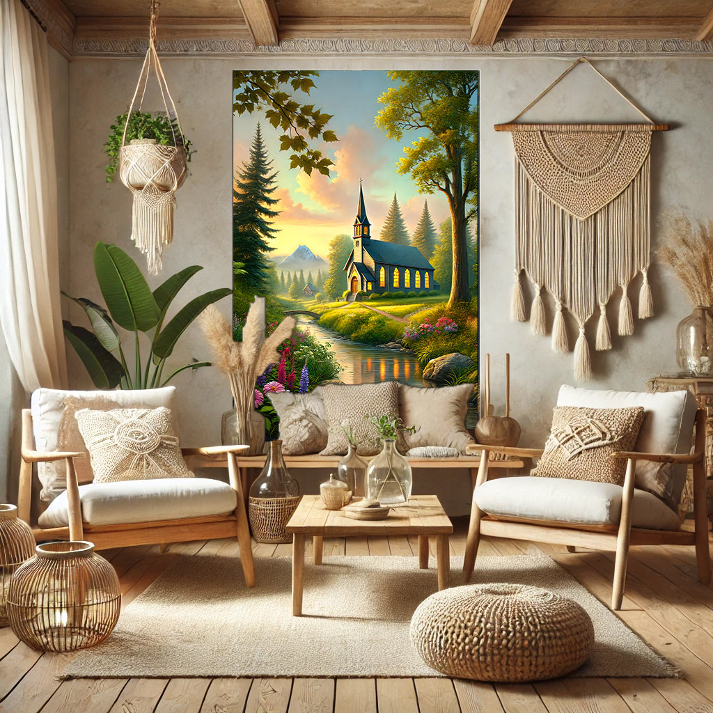 Serene Church Landscape Canvas Art - Tranquil Nature Wall Decor - Sanctuary by the Stream