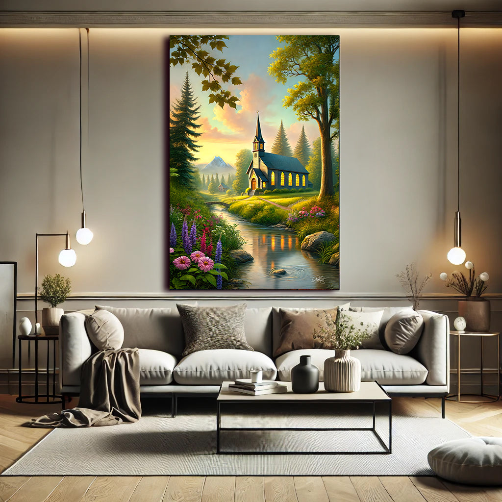 Serene Church Landscape Canvas Art - Tranquil Nature Wall Decor - Sanctuary by the Stream