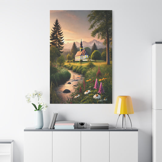 Serene Landscape Canvas Print - Peaceful Church Scene | Chapel of Tranquility