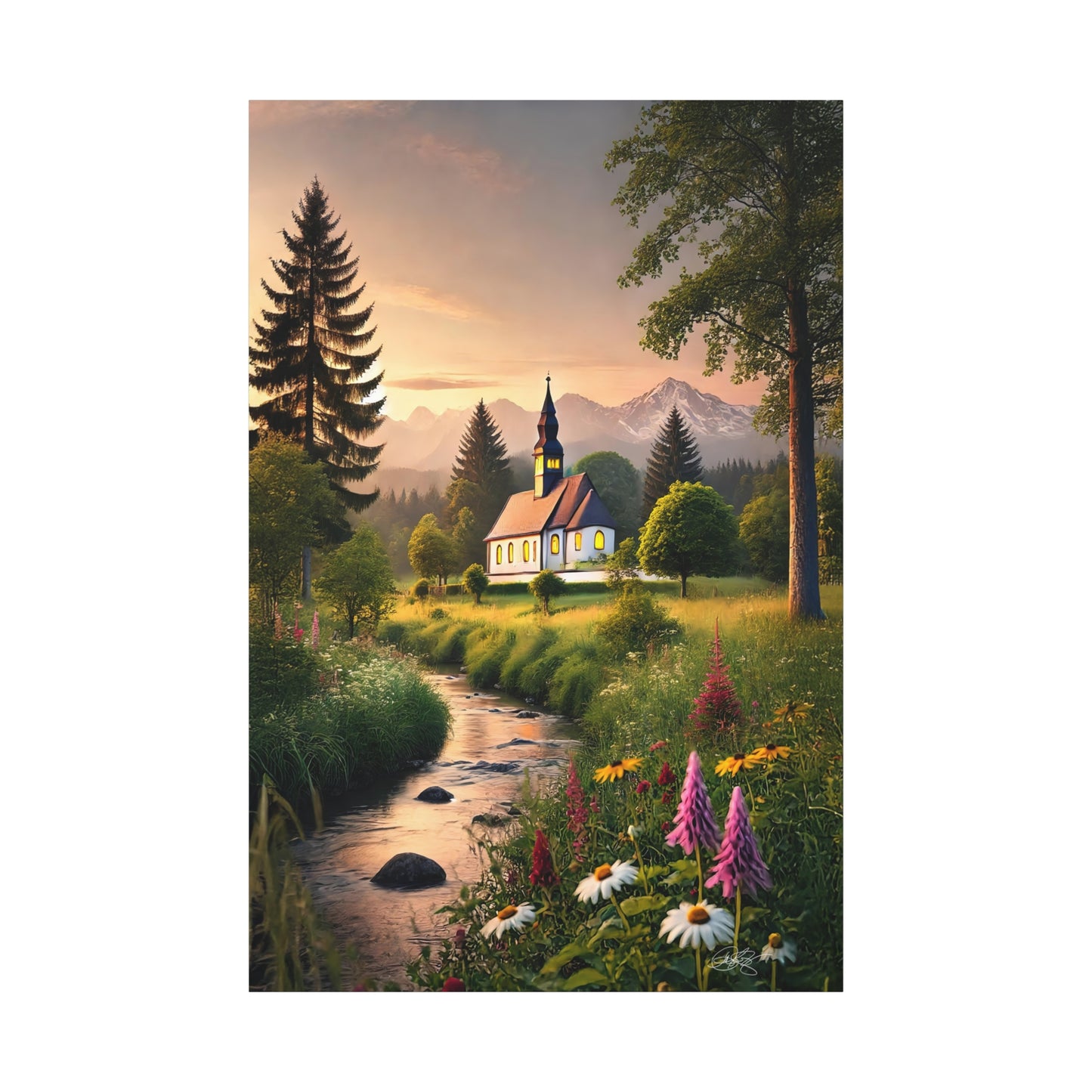 Serene Landscape Canvas Print - Peaceful Church Scene | Chapel of Tranquility