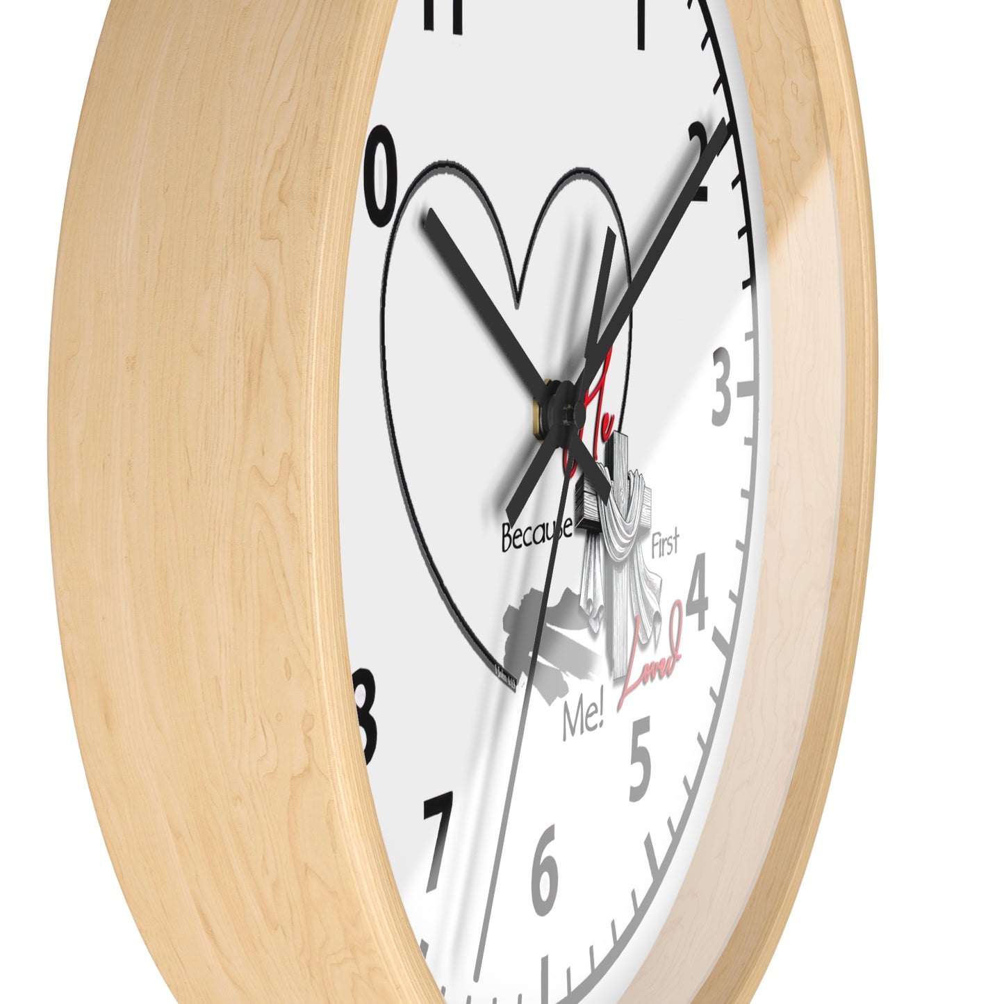Inspirational Heart Wall Clock - 'He Loved Me First' Design | Printed Numbers