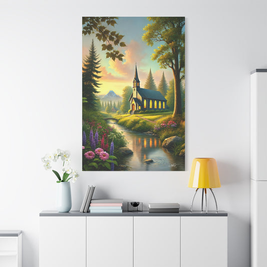 Serene Church Landscape Canvas Art - Tranquil Nature Wall Decor - Sanctuary by the Stream