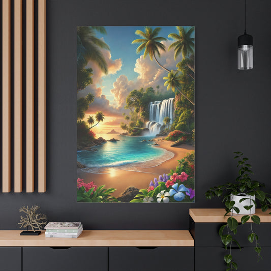 Tropical Paradise Wall Art - Matte Canvas Print with Waterfall & Beach Scene - My Own Little Paradise Corner