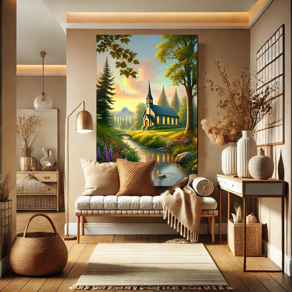 Serene Church Landscape Canvas Art - Tranquil Nature Wall Decor - Sanctuary by the Stream
