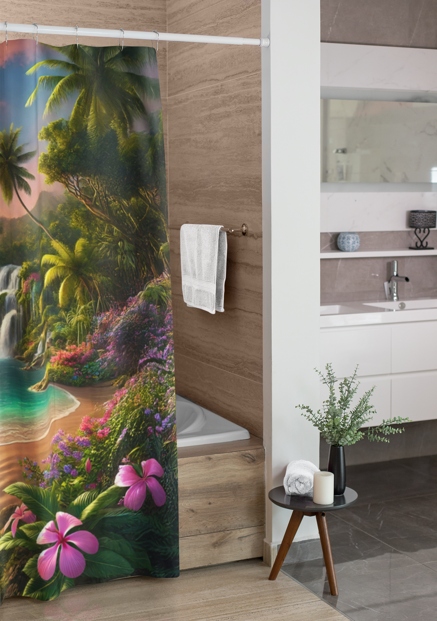 Tropical Paradise Shower Curtain - Nature-Inspired Bathroom Decor - Paradise Falls